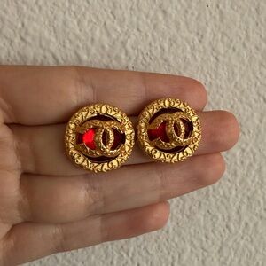 ✨ Vintage Chanel CC Stud Earrings Red & Gold ❤️